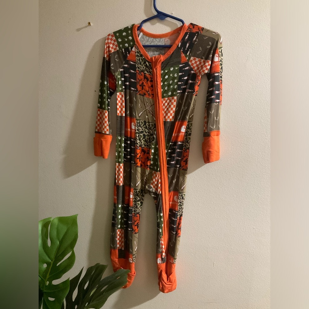 Orange & Olive Patchwork Zip-Front Kids One-Piece